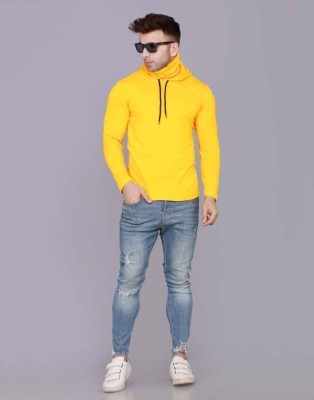 HouseOfCommon Solid Men Hooded Neck Yellow T-Shirt