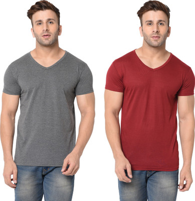 JB Jangoboy Solid Men V Neck Maroon, Grey T-Shirt