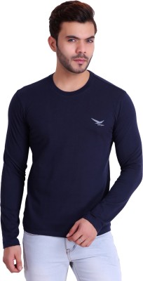 Hiflyers Self Design Men Round Neck Dark Blue T-Shirt