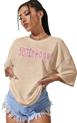 LOCAVESTIR Printed Women Round Neck Beige T-Shirt