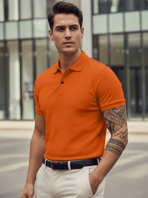 JUST ROAR Solid Men Polo Neck Orange T-Shirt