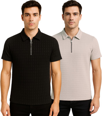 KEOTI Self Design Men Zip Neck Black, Grey T-Shirt