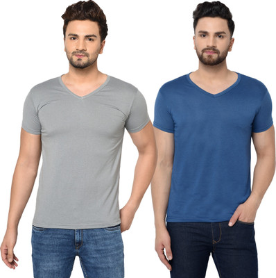 Tresna Fab Solid Men V Neck Blue, Grey T-Shirt