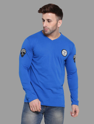 Money Leaf Printed, Solid Men V Neck Blue T-Shirt