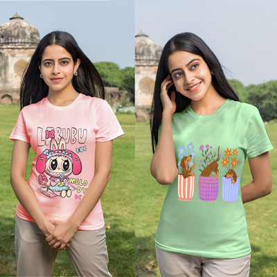 Parona Printed Women Round Neck Pink, Green T-Shirt
