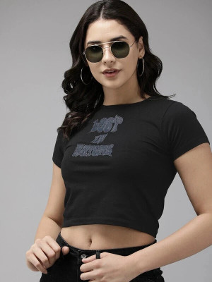 Roadster Solid Women Round Neck Black T-Shirt