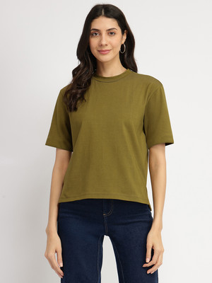 Fable Street Solid Women Round Neck Dark Green T-Shirt
