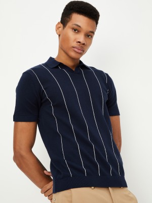 MAX Striped Men Polo Neck Dark Blue T-Shirt
