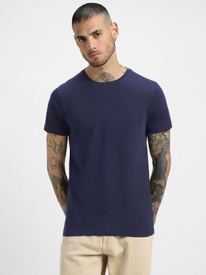 Adnikezed Solid Men Round Neck Blue T-Shirt