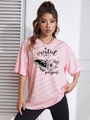 FLUFFYY ENTERPRISE Printed Women Round Neck Pink T-Shirt