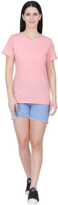 CLOTHINK India Solid Women Round Neck Pink T-Shirt