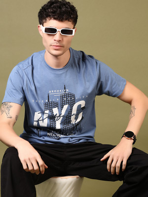 V-MART Printed Men Round Neck Blue T-Shirt