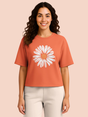 Hellcat Floral Print Women Round Neck Orange T-Shirt