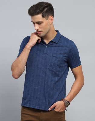 MONTE CARLO Striped Men Polo Neck Blue T-Shirt