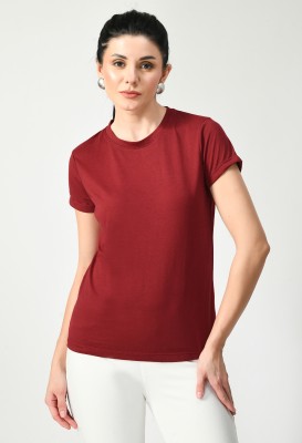 Nael Fashion Solid Women Round Neck Maroon T-Shirt