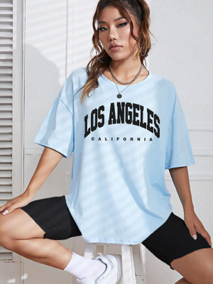 HOC Graphic Print Women Round Neck Light Blue T-Shirt