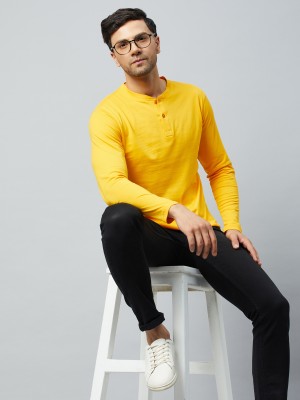 Club York Solid Men Henley Neck Yellow T-Shirt