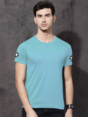 LazyChunks Printed Men Round Neck Light Blue T-Shirt