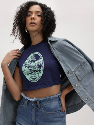 Roadster Printed Women Round Neck Blue T-Shirt