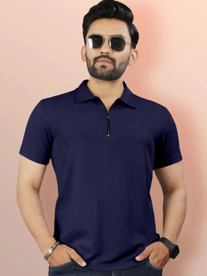 MENTIFIC Solid Men Polo Neck Dark Blue T-Shirt