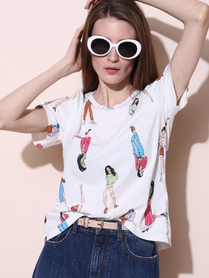 VERO MODA Printed Women Round Neck White T-Shirt