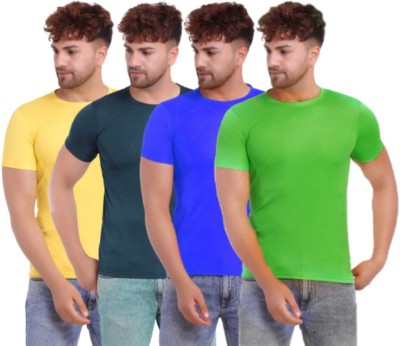 KASPY Solid Men Round Neck Yellow, Dark Blue, Blue, Green T-Shirt
