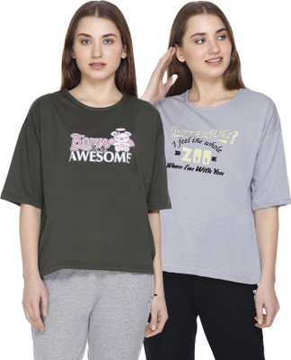 HOC Typography Women Round Neck Grey, Green T-Shirt