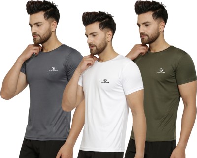 DRIZONE Solid Men Round Neck Grey, Dark Green, White T-Shirt