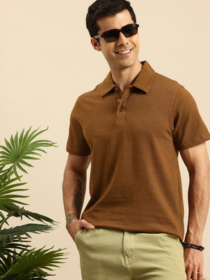 Mast & Harbour Solid Men Polo Neck Brown T-Shirt