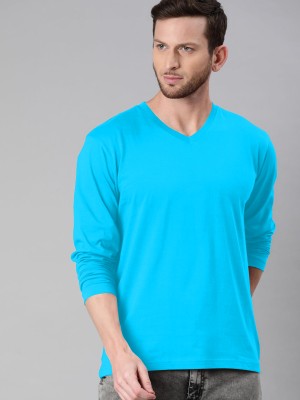 Nilan Tees Wear Solid Men V Neck Blue T-Shirt