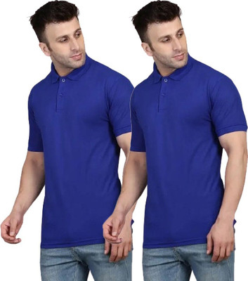YUALIN CREATION Solid Men Polo Neck Blue T-Shirt