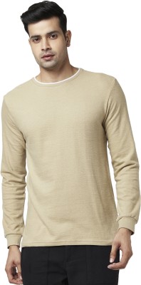 7 Alt by Pantaloons Solid Men Round Neck Beige T-Shirt