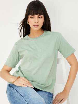 MAX Printed Women Round Neck Green T-Shirt