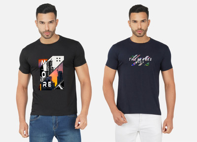 GLOBAL NOMAD Printed Men Round Neck Black, Navy Blue T-Shirt