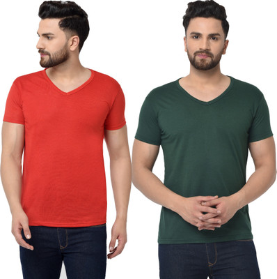 Tresna Trending Solid Men V Neck Dark Green, Red T-Shirt