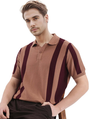 RARE RABBIT Striped Men Polo Neck Brown T-Shirt