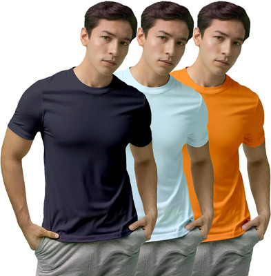 Fighterhero Solid, Sporty Men Round Neck Navy Blue, Light Blue, Orange T-Shirt