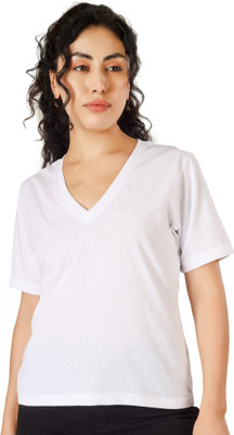 Clothza Solid Women V Neck White T-Shirt