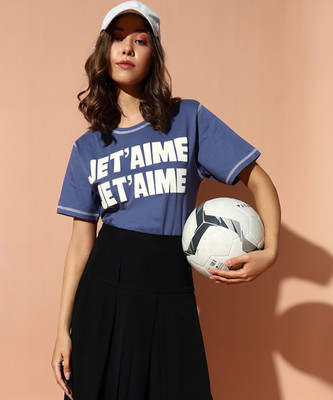 THE DRY STATE Printed Women Round Neck Navy Blue T-Shirt