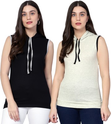 DIAZ Solid Women Hooded Neck Multicolor T-Shirt