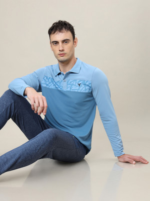 TECHNOSPORT Printed Men Polo Neck Blue T-Shirt