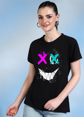 METRONAUT Printed Women Round Neck Black T-Shirt