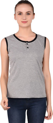 GEUM Solid Women Henley Neck Grey T-Shirt