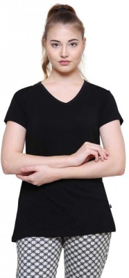 PROTEENS Solid Women V Neck Black T-Shirt