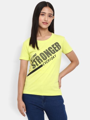 V-MART Printed, Typography Women Round Neck Yellow T-Shirt