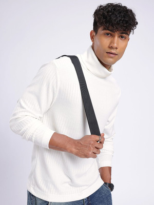 Glitchez Solid Men Turtle Neck White T-Shirt