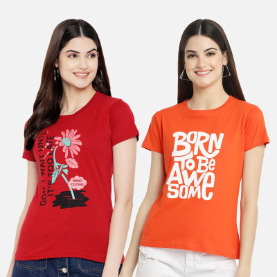 Fabflee Casual Printed Women Red, Orange Top