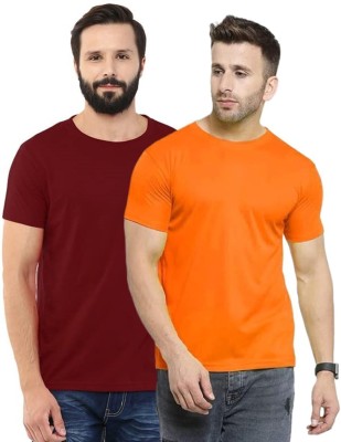 TRULYFEB Solid Men Round Neck Maroon, Orange T-Shirt