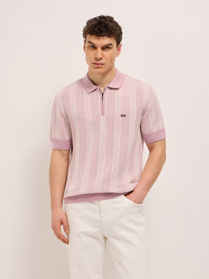 THE BEAR HOUSE Self Design Men Polo Neck Pink T-Shirt