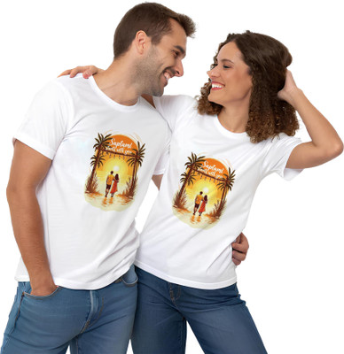 Binayak Graphic Print Couple Round Neck White T-Shirt